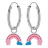 Zilveren oorringen met hanger, regenboog met bloemetje en wolkje
