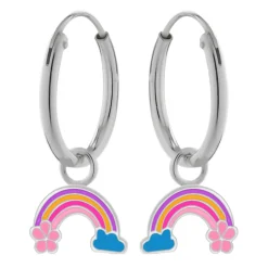 Zilveren oorringen met hanger, regenboog met bloemetje en wolkje