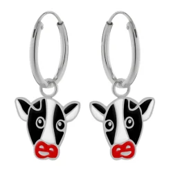 Zilveren oorringen met hanger, koeienkop