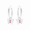 Zilveren oorringen met hanger, vlinder met roze, kristallen