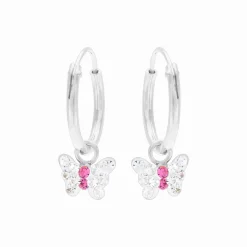Zilveren oorringen met hanger, vlinder met roze, kristallen