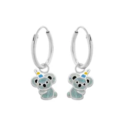 Zilveren oorringen met hanger, koala met hoorn