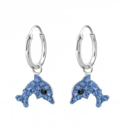 Zilveren oorringen met hanger, dolfijn met blauwe kristallen