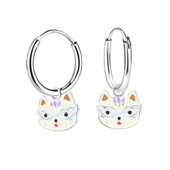 Zilveren oorringen met hanger, kattenhoofd met bril