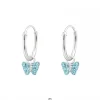 Zilveren oorringen met hanger, blauwe vlinder met kristallen