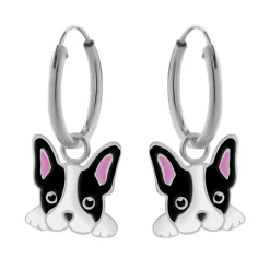 Zilveren oorringen met hanger, Franse bulldog