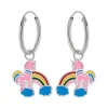 Zilveren oorringen met hanger, eenhoorn met regenboog en blauwe wolkjes