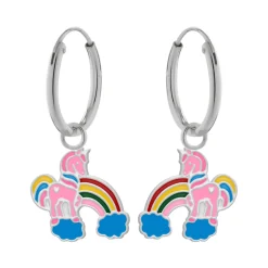 Zilveren oorringen met hanger, eenhoorn met regenboog en blauwe wolkjes