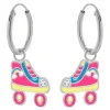 Zilveren oorringen met hanger, gekleurde rolschaats met regenboog en glitters