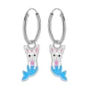 Zilveren oorringen met hanger, hond met blauwe zeemeerminstaart