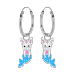 Zilveren oorringen met hanger, hond met blauwe zeemeerminstaart