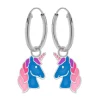 Zilveren oorringen met hanger, blauw eenhoornhoofd met roze manen