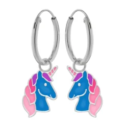 Zilveren oorringen met hanger, blauw eenhoornhoofd met roze manen