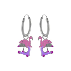 Zilveren oorringen met hanger, flamingo op step