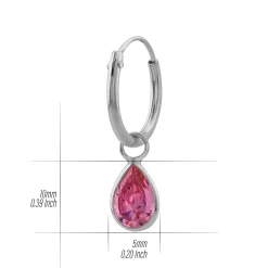 Zilveren oorringen met hanger, druppelvormig kristal roze