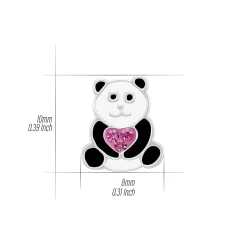 Zilveren oorringen met hanger, panda met roze hart met kristallen