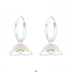 Zilveren oorringen, regenboog met pastel kleuren