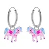 Zilveren oorringen, roze paard met blauwe manen