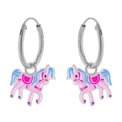Zilveren oorringen, roze paard met blauwe manen