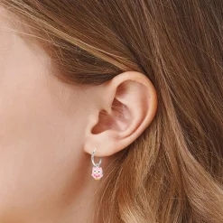 Zilveren oorringen, roze uiltje met hartjes