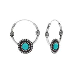 Zilveren oorringen, turquoise cirkel met zilveren rand met bolletjes