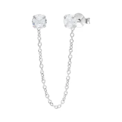 Zilveren oorsteker met chain, ronde knopjes van kristal