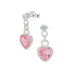 Zilveren oorsteker met hanger, kristal met chain en roze hartje
