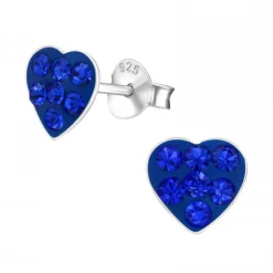 Zilveren oorstekers, blauw hart met kristallen