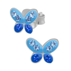 Zilveren oorstekers, blauwe vlinder met kristallen
