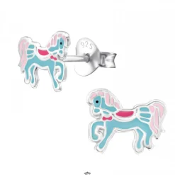 Zilveren oorstekers, blauw paard met roze manen