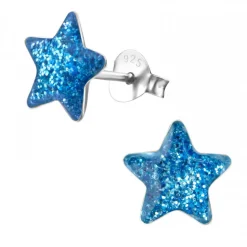 Zilveren oorstekers, blauwe ster met glitters