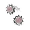 Zilveren oorstekers, bloem met hart van ronde rozenkwarts steen