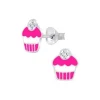 Zilveren oorstekers, cupcake, roze met kristal