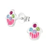 Zilveren oorstekers, cupcakes, roze met kristallen