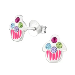 Zilveren oorstekers, cupcakes, roze met kristallen