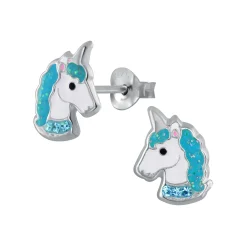 Zilveren oorstekers, eenhoornhoofd met blauwe manen en blauwe halsband