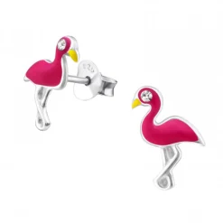 Zilveren oorstekers, flamingo met kristal
