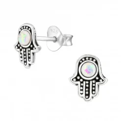 Zilveren oorstekers, hamsa met parelmoer