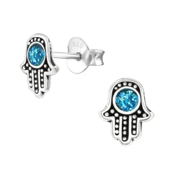 Zilveren oorstekers, hamsa met oog van aqua glitters