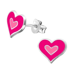 Zilveren oorstekers, hart in twee tinten roze