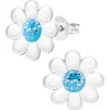 Zilveren oorstekers, madeliefje met blauw hart met glitters