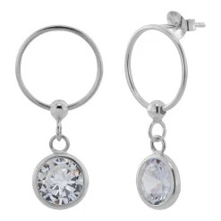 Zilveren oorstekers met hanger, open cirkel met hangend kristal