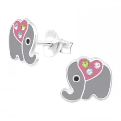 Zilveren oorstekers, olifant met drie kristallen