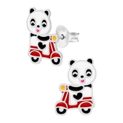 Zilveren oorstekers, panda op rode scooter