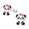 Zilveren oorstekers, panda met roze-paarse strik