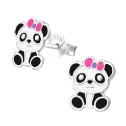 Zilveren oorstekers, panda met roze-paarse strik