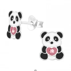Zilveren oorstekers panda met hart