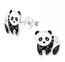 Zilveren oorstekers, panda met kristallen