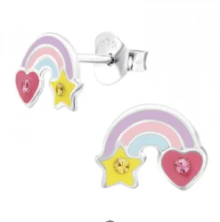Zilveren oorstekers, pastel regenboog met ster en hart met kristal