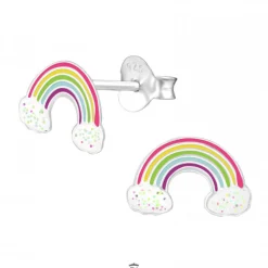 Zilveren oorstekers, regenboog en wolkjes met glitters